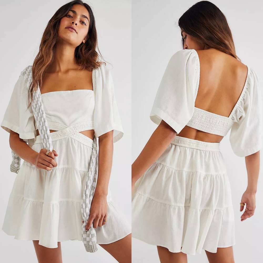 NWT Free People Cross Of Sunlight Cut Out Linen Mini Dress Ivory